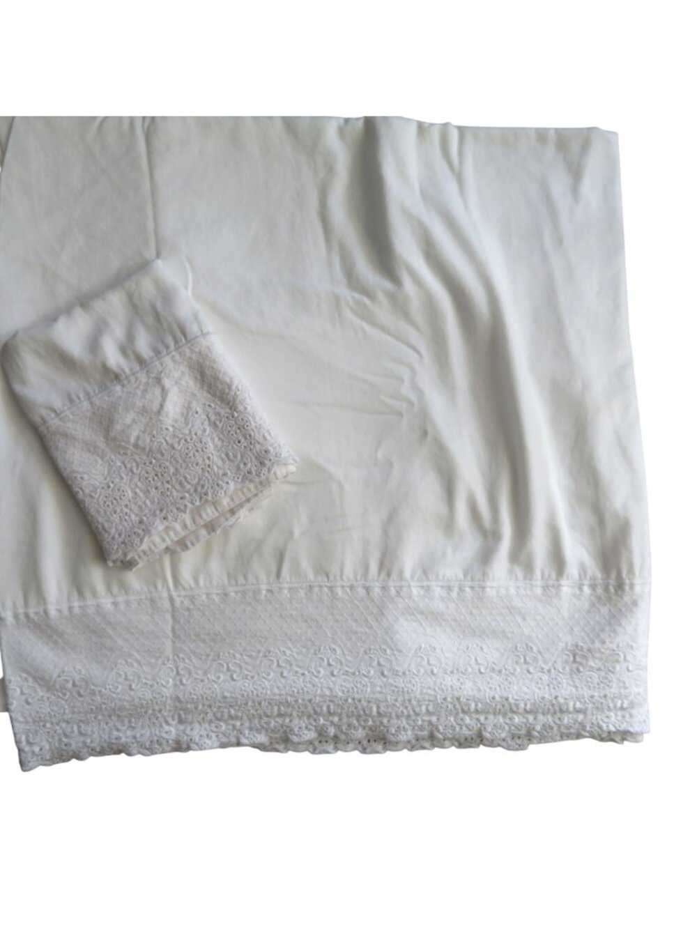 Vintage White Cotton King Flat Sheet & Pillowcase Intricate Lace Trim Cottage